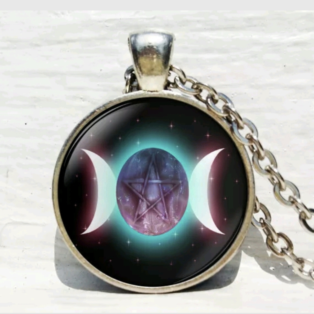 New Triple Moon Silver Glass Cabochon Necklace.